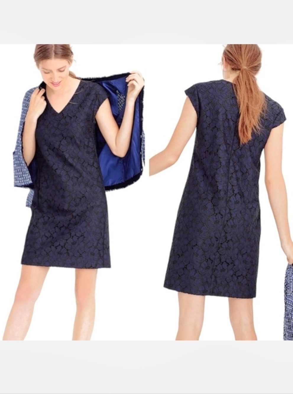 J. Crew Navy Black Floral Lace Cap Sleeve V Neck Shift Dress Size 6